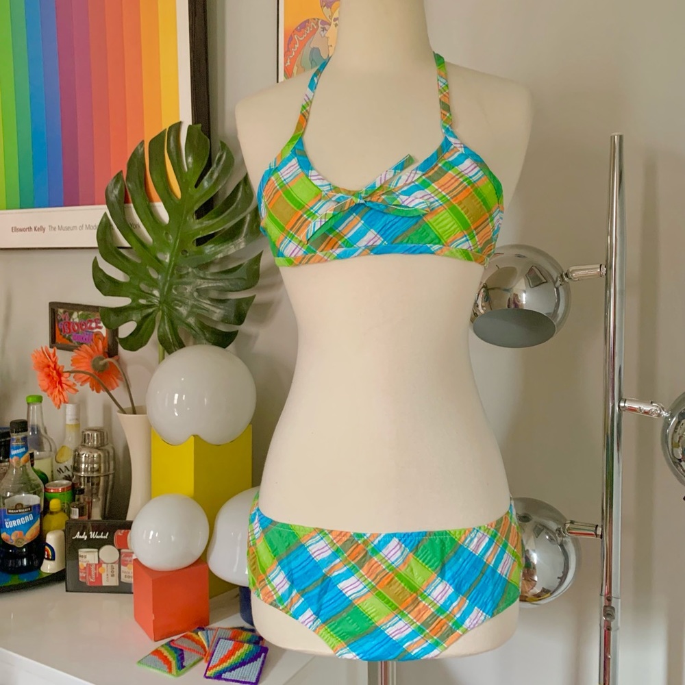 Deadstock vintage 60s plaid 2 pc swimsuit girls 14